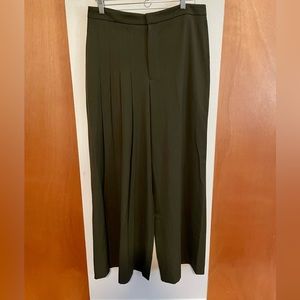 Zara olive green wide leg unique pleated pant; size large